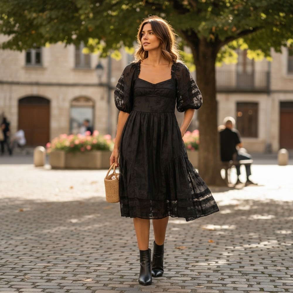 Hofmann Copenhagen Isabella black SZ EU 38 =8 NWOT lace sheer overlay midi dress